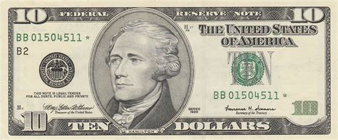 Billet de 10 dollars avec la tête d'Alexander Hamilton dessus. Personnage historique reprit dans la comédie musicale éponyme.