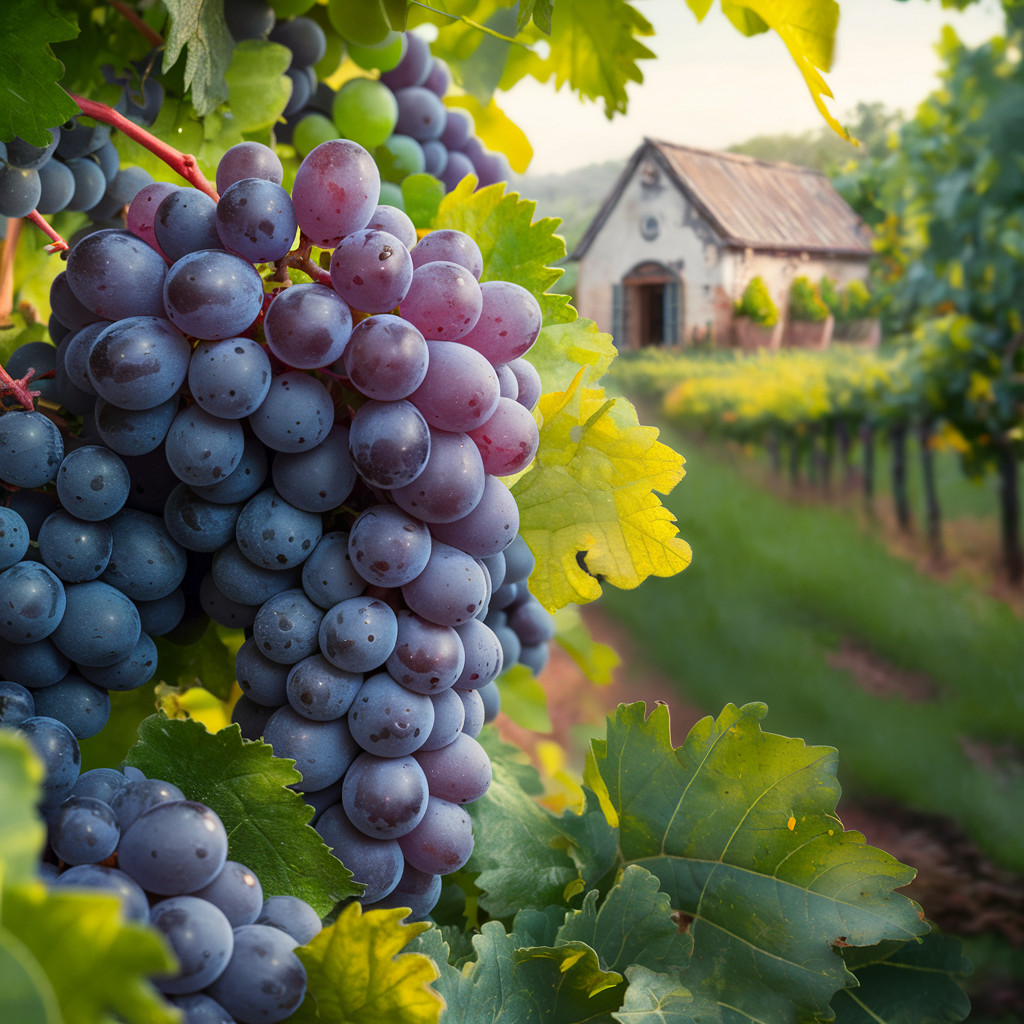 Des grappes de raisins mûrs, symbole de l'influence historique et culturelle du vin, pendent vivement sur un vignoble verdoyant. En arrière-plan, se dresse une maison de campagne qui évoque les traditions viticoles ancestrales, témoignant de l'interconnexion séculaire entre la viticulture et la vie rurale.
